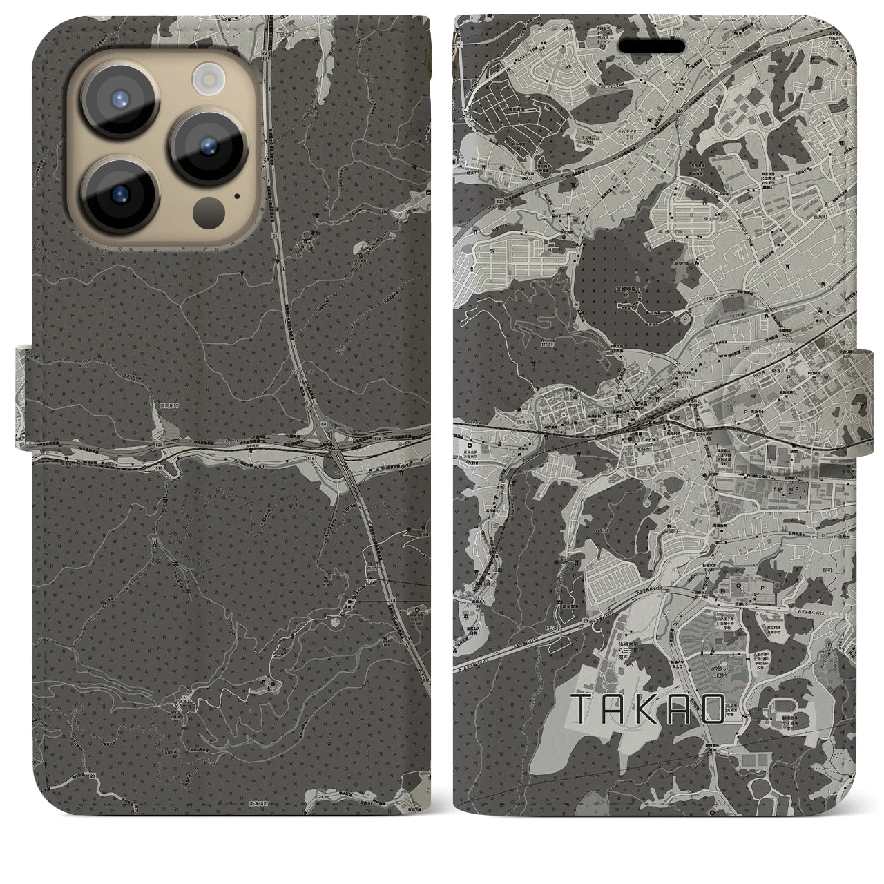 【高尾(東京都)】地図柄iPhoneケース(手帳タイプ)モノトーン・iPhone 14 Pro Max 用