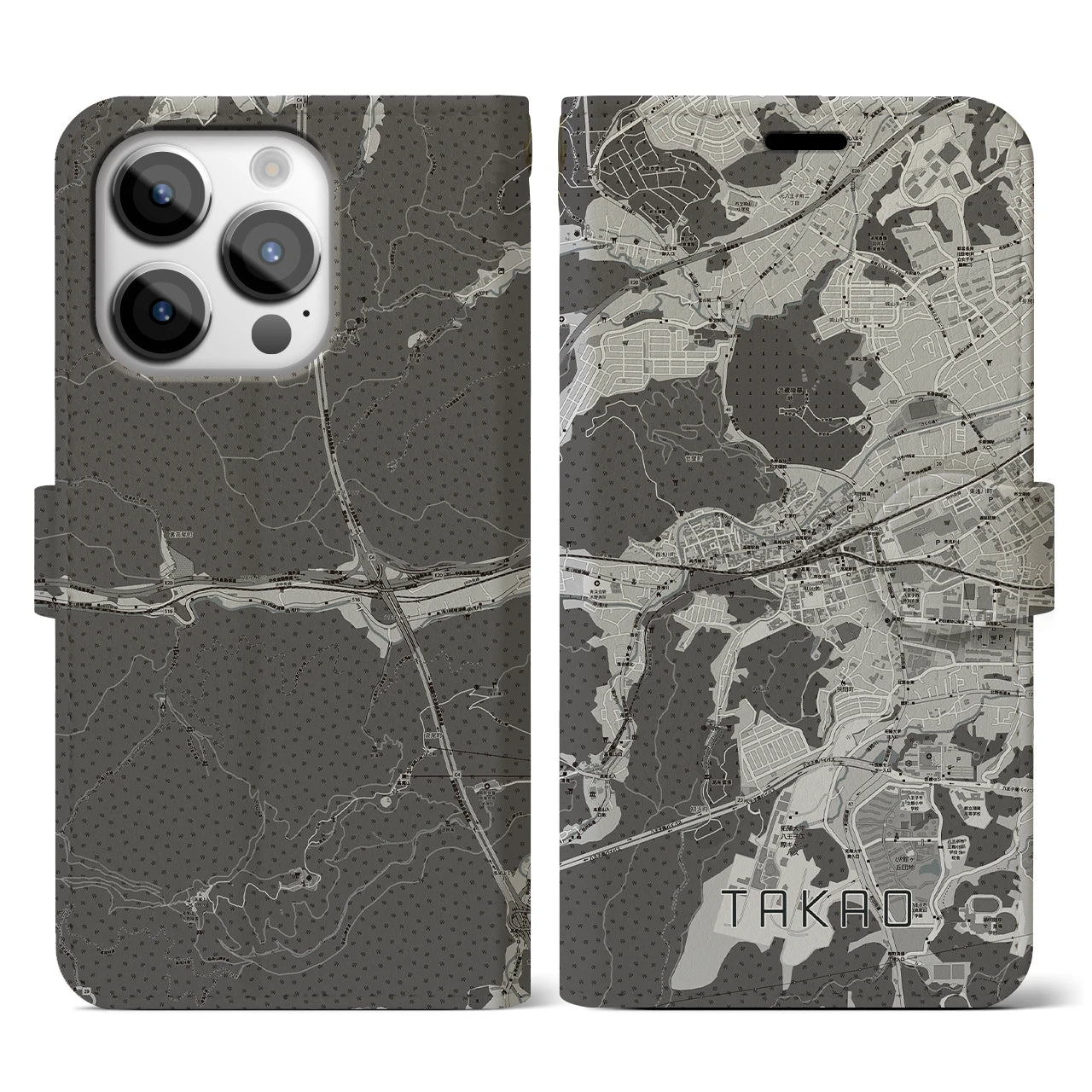 【高尾(東京都)】地図柄iPhoneケース(手帳タイプ)モノトーン・iPhone 14 Pro 用
