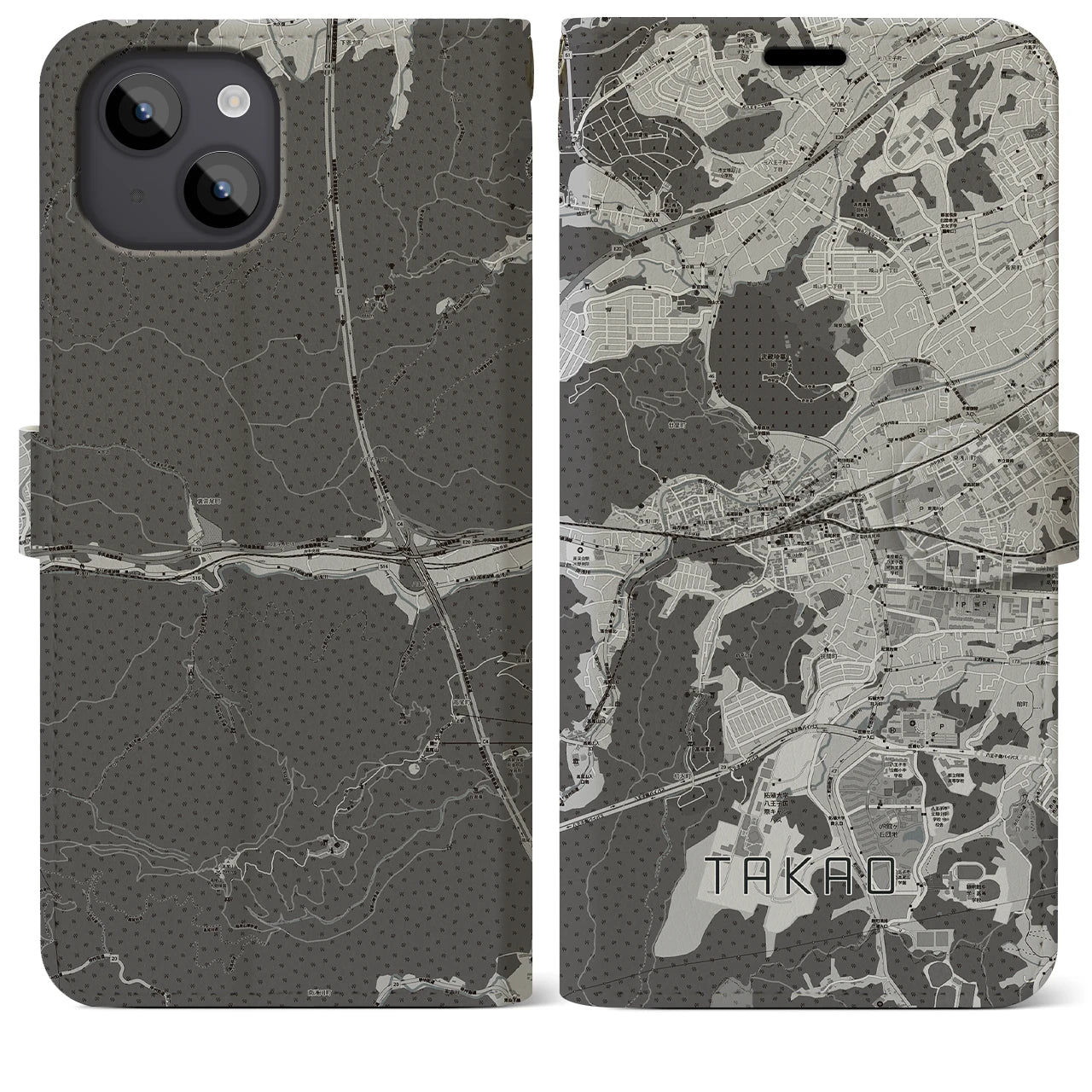【高尾(東京都)】地図柄iPhoneケース(手帳タイプ)モノトーン・iPhone 14 Plus 用