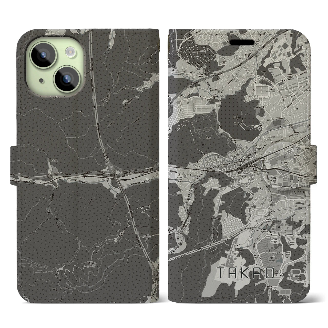 【高尾(東京都)】地図柄iPhoneケース(手帳タイプ)モノトーン・iPhone 15 用