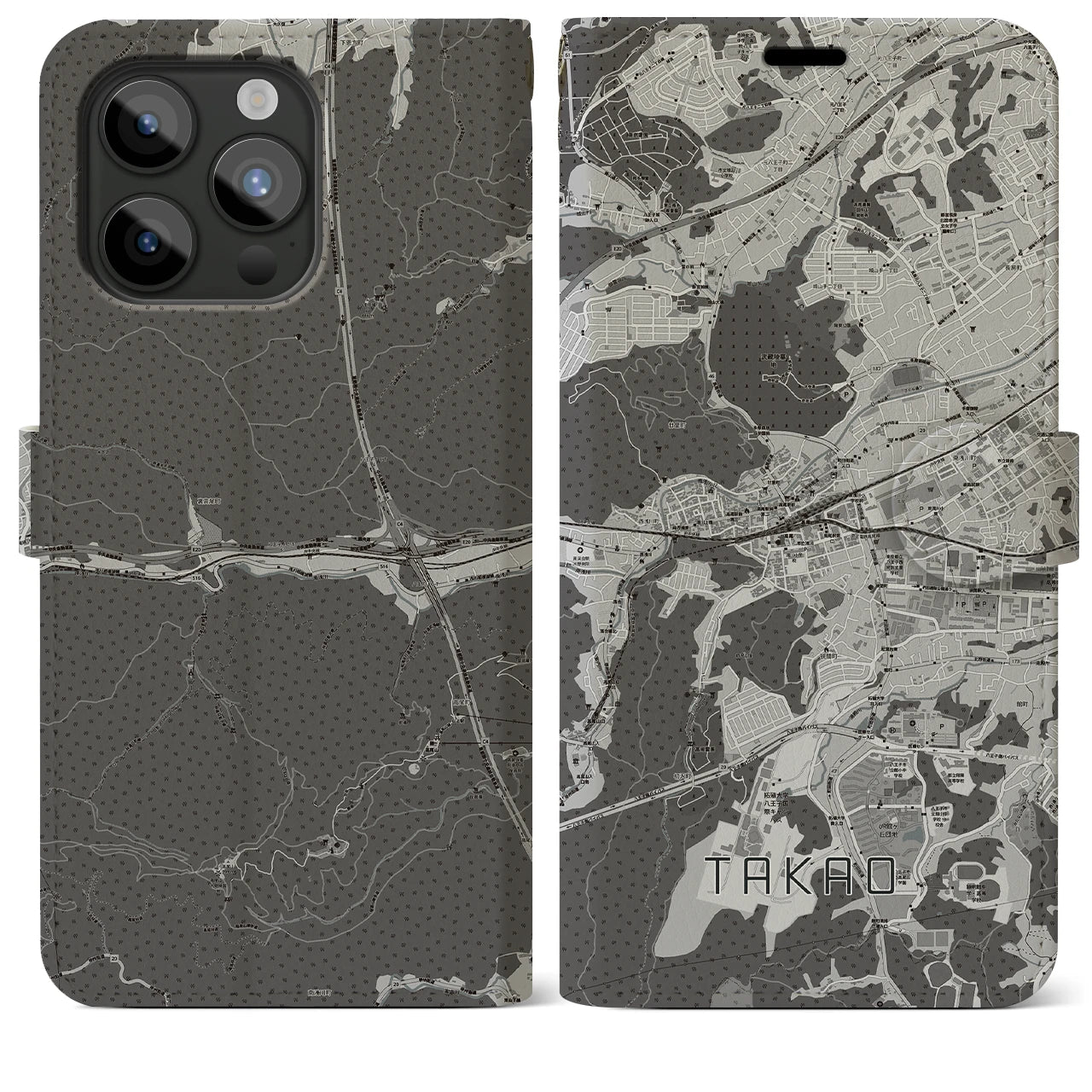 【高尾(東京都)】地図柄iPhoneケース(手帳タイプ)モノトーン・iPhone 15 Pro Max 用