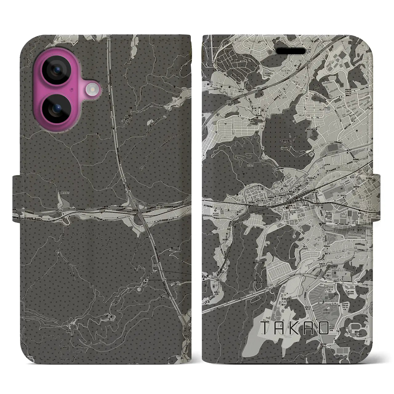 【高尾(東京都)】地図柄iPhoneケース(手帳タイプ)モノトーン・iPhone 16 Pro 用