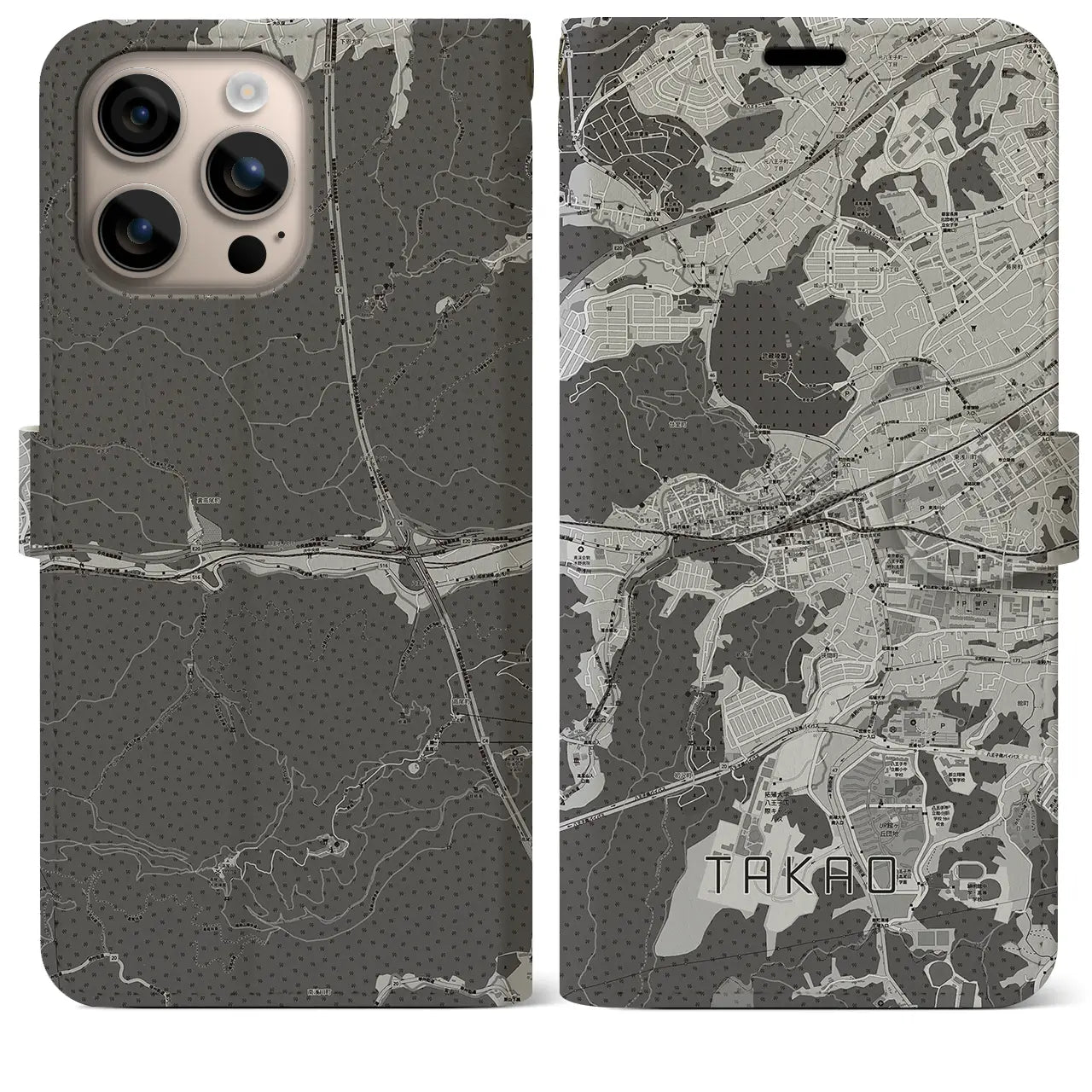 【高尾(東京都)】地図柄iPhoneケース(手帳タイプ)モノトーン・iPhone 16 Plus 用