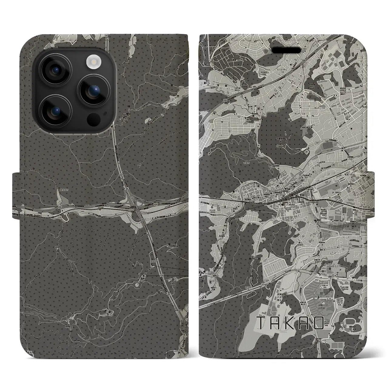 【高尾(東京都)】地図柄iPhoneケース(手帳タイプ)モノトーン・iPhone 16 用