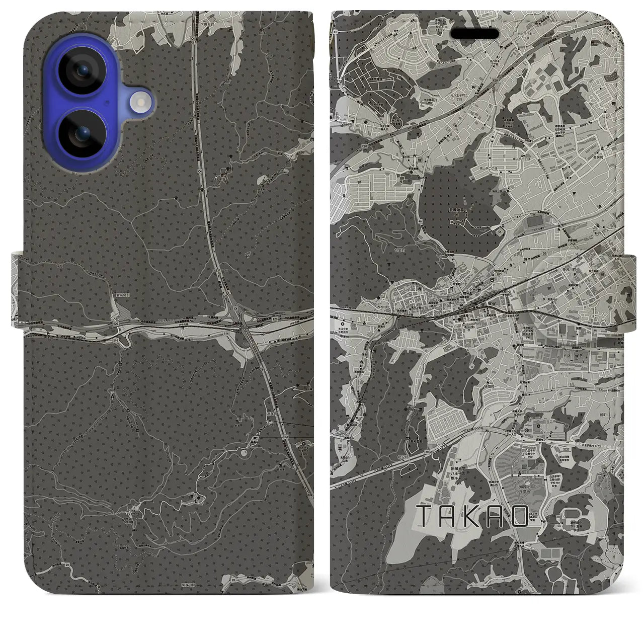 【高尾(東京都)】地図柄iPhoneケース(手帳タイプ)モノトーン・iPhone 16 Pro Max 用