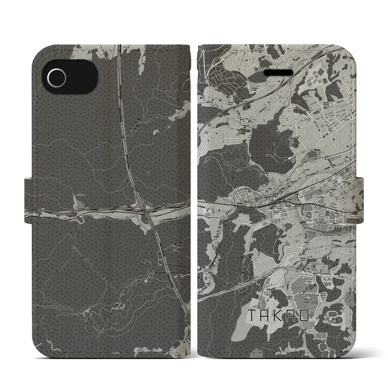 【高尾(東京都)】地図柄iPhoneケース(手帳タイプ)モノトーン・iPhone SE(第3 / 第2世代) / 8 / 7 / 6s / 6 用