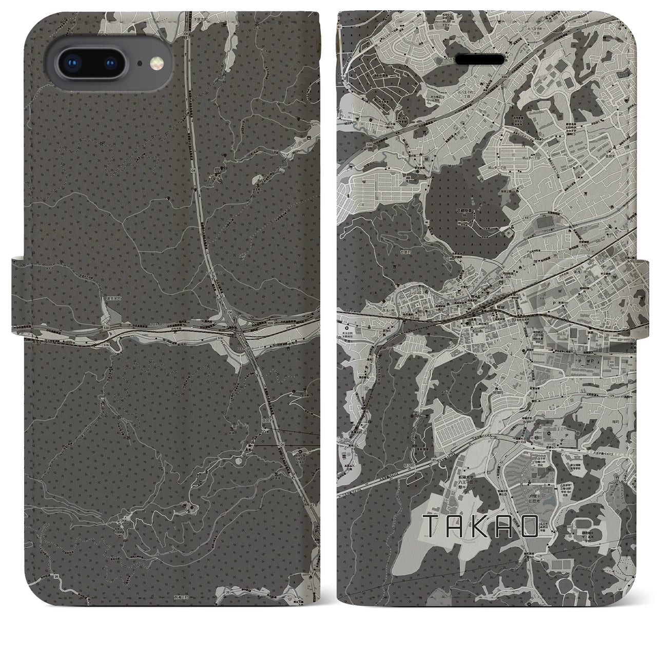 【高尾(東京都)】地図柄iPhoneケース(手帳タイプ)モノトーン・iPhone 8Plus /7Plus / 6sPlus / 6Plus 用