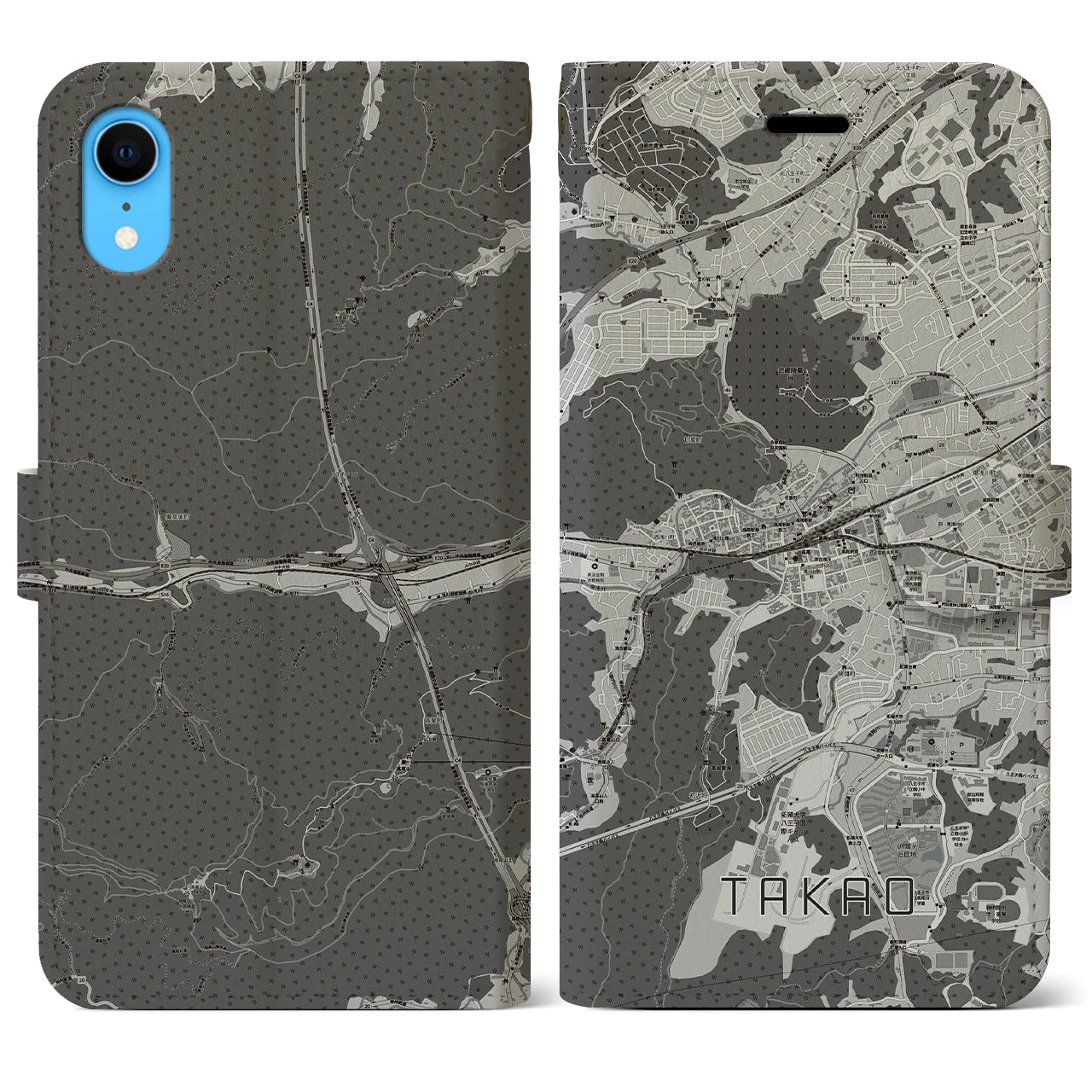 【高尾(東京都)】地図柄iPhoneケース(手帳タイプ)モノトーン・iPhone XR 用