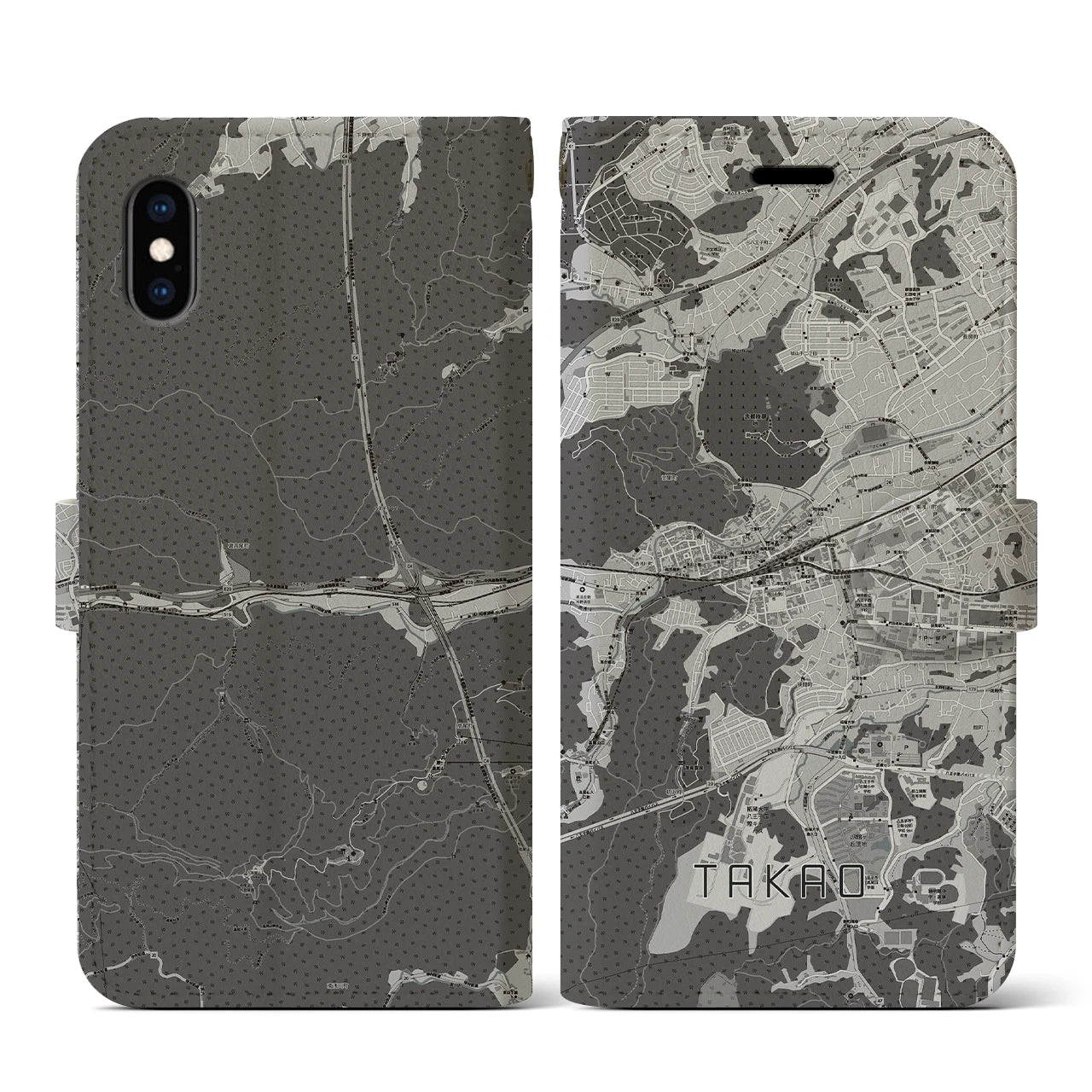 【高尾(東京都)】地図柄iPhoneケース(手帳タイプ)モノトーン・iPhone XS / X 用