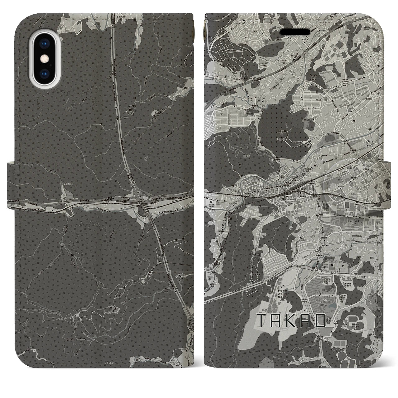 【高尾(東京都)】地図柄iPhoneケース(手帳タイプ)モノトーン・iPhone XS Max 用