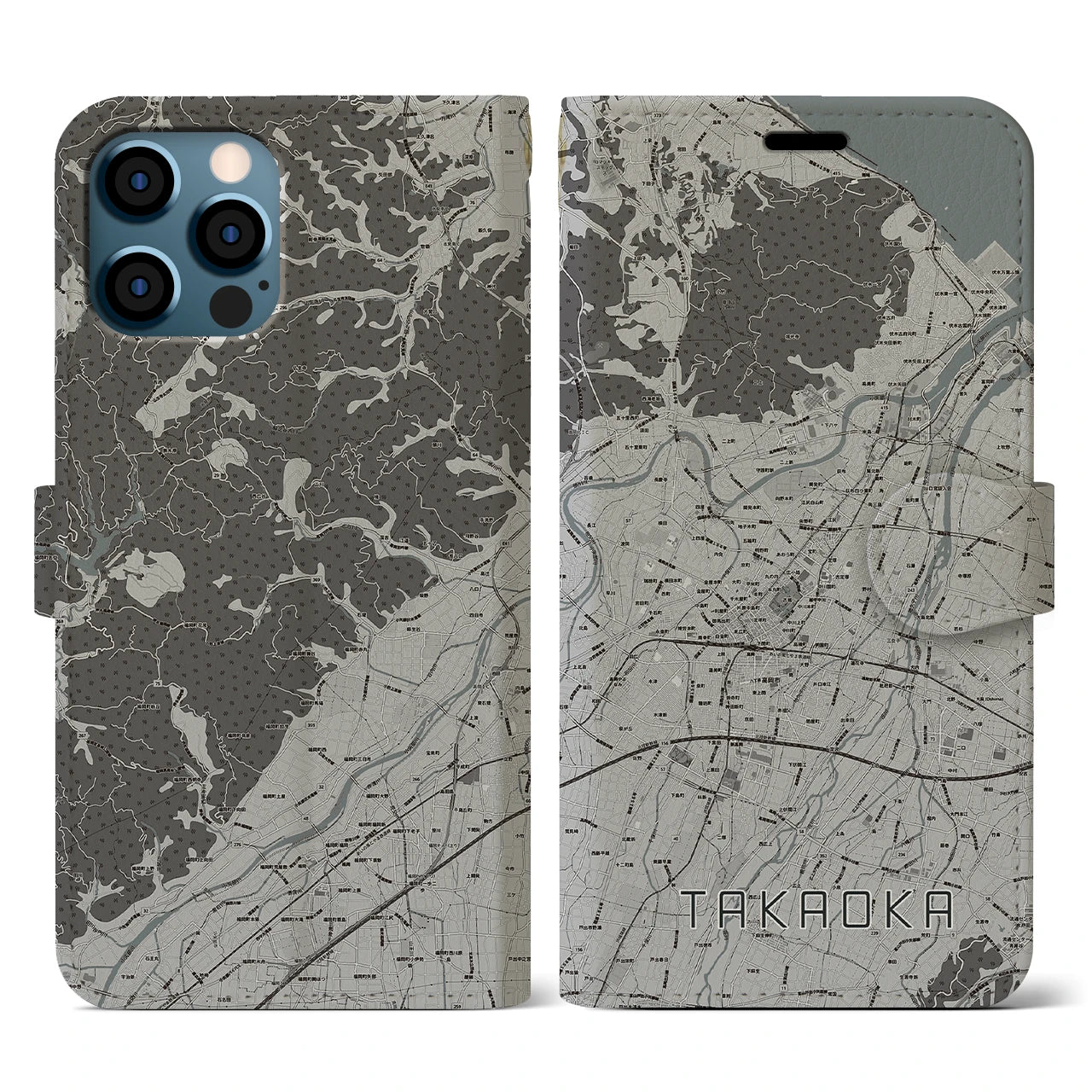 【高岡(富山県)】地図柄iPhoneケース(手帳タイプ)モノトーン・iPhone 12 / 12 Pro 用