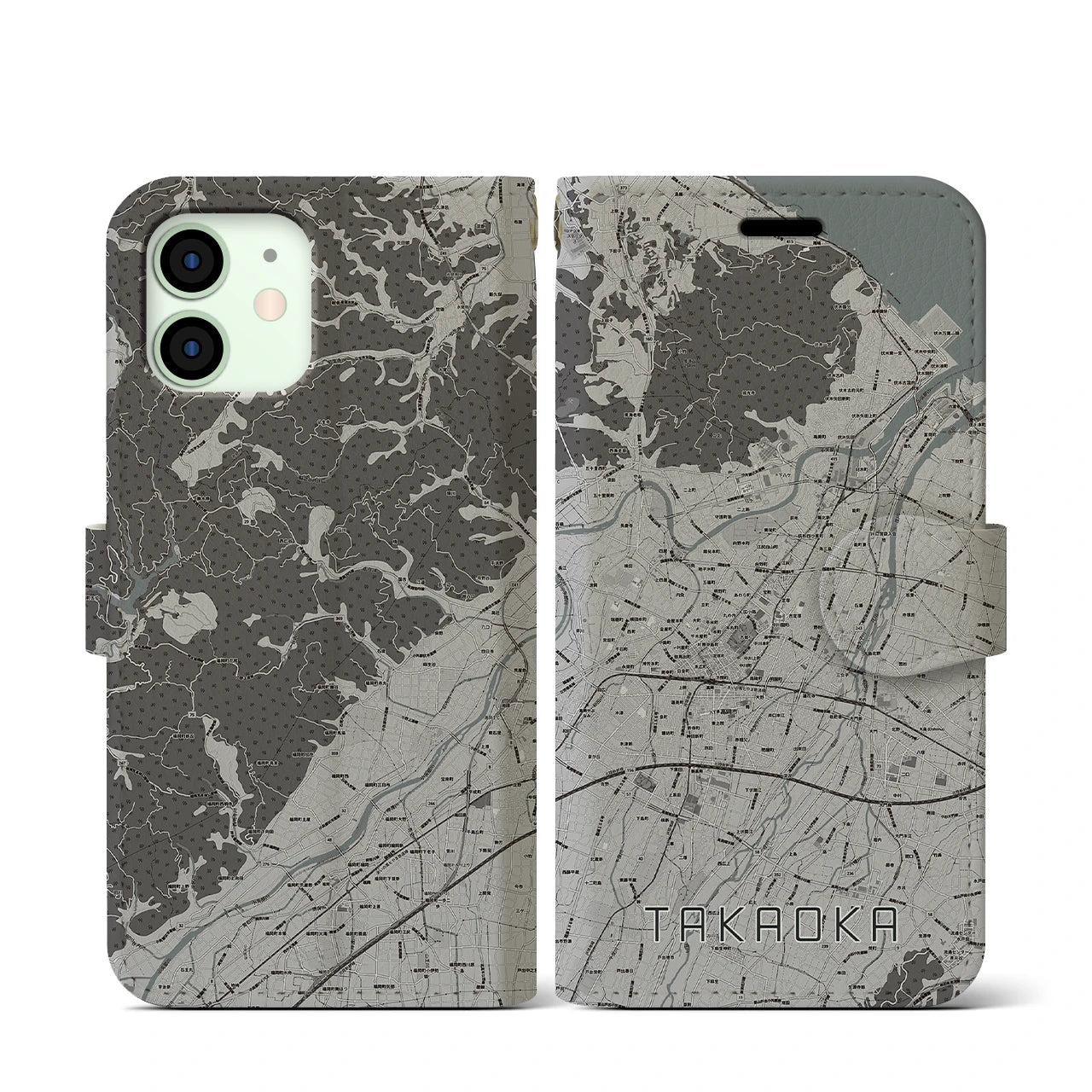 【高岡(富山県)】地図柄iPhoneケース(手帳タイプ)モノトーン・iPhone 12 mini 用