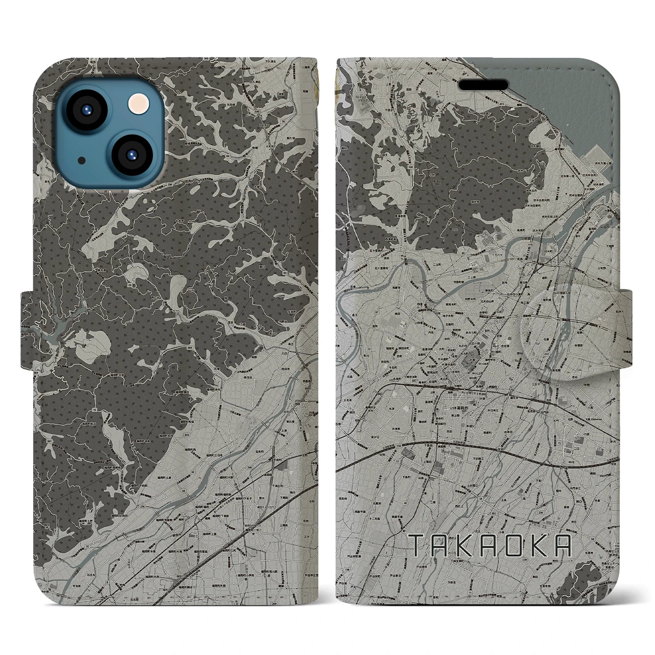 【高岡(富山県)】地図柄iPhoneケース(手帳タイプ)モノトーン・iPhone 13 用