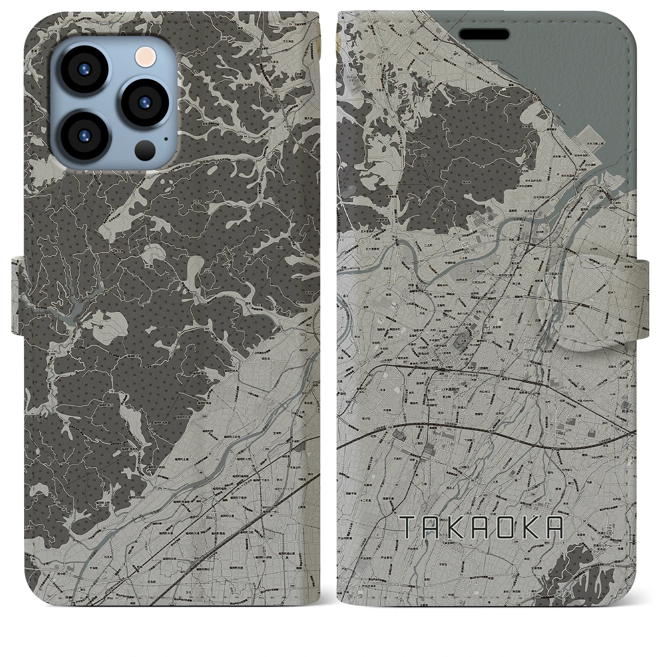 【高岡(富山県)】地図柄iPhoneケース(手帳タイプ)モノトーン・iPhone 13 Pro Max 用
