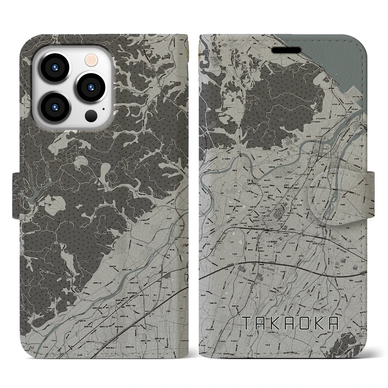 【高岡(富山県)】地図柄iPhoneケース(手帳タイプ)モノトーン・iPhone 13 Pro 用