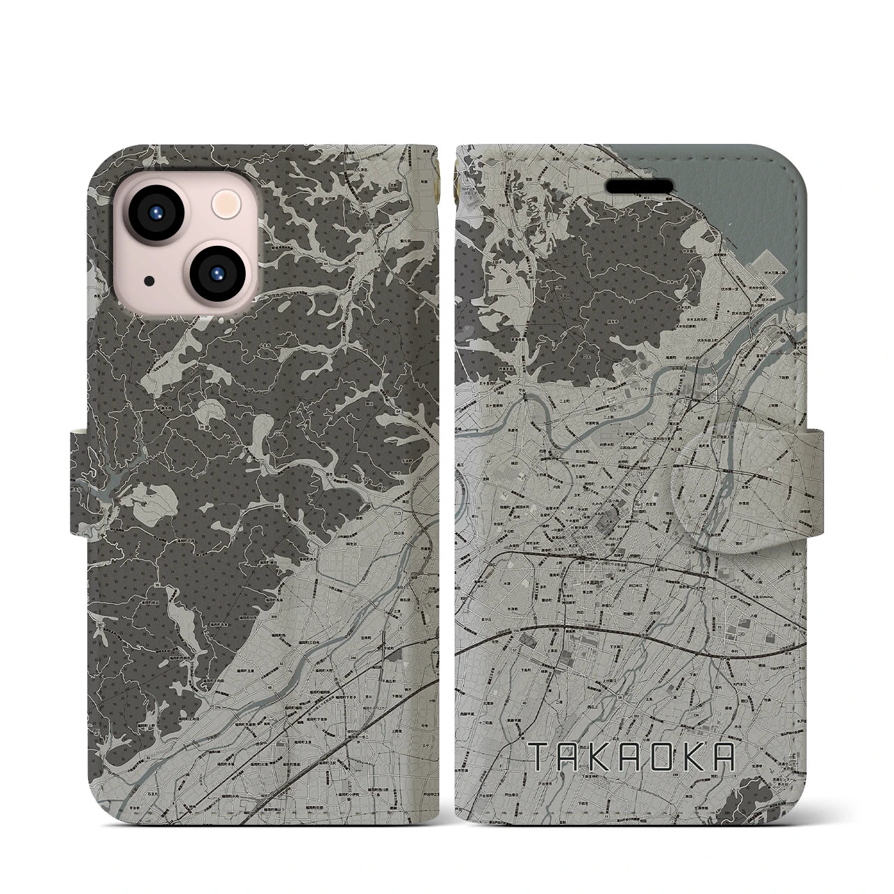 【高岡(富山県)】地図柄iPhoneケース(手帳タイプ)モノトーン・iPhone 13 mini 用