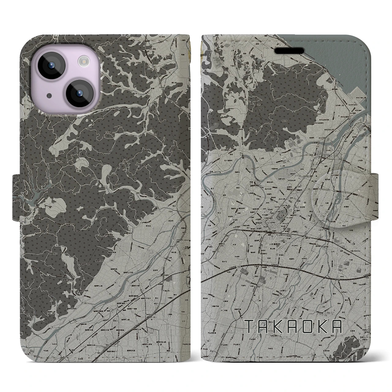【高岡(富山県)】地図柄iPhoneケース(手帳タイプ)モノトーン・iPhone 14 用