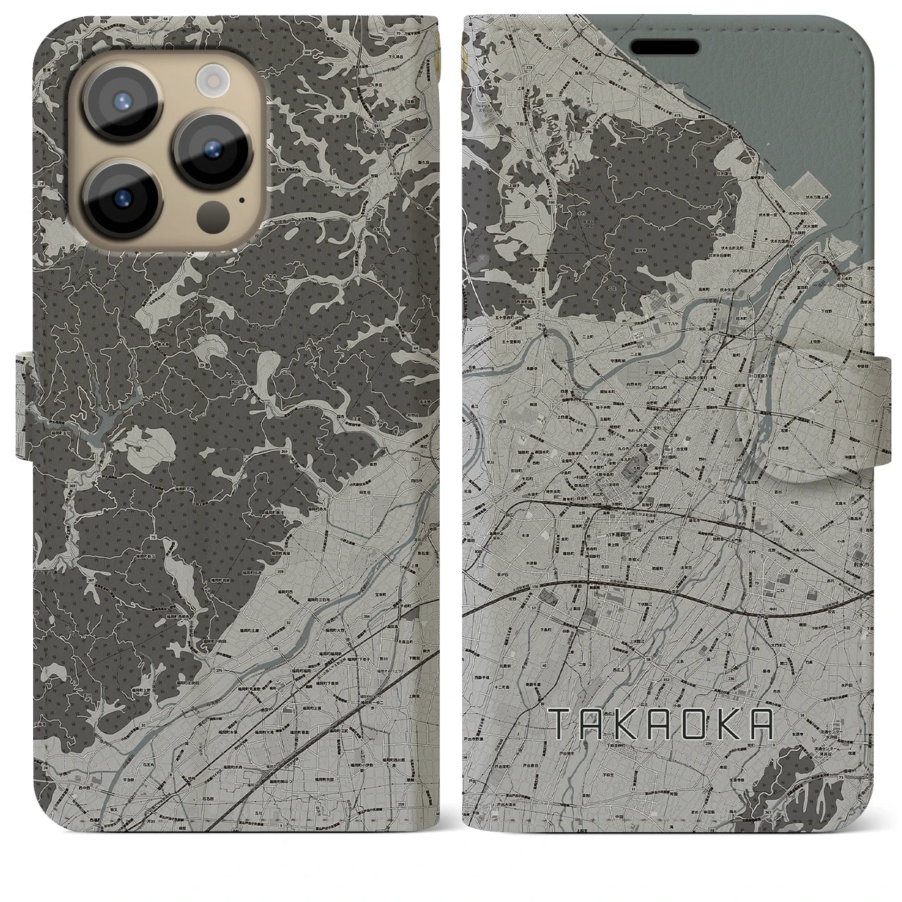 【高岡(富山県)】地図柄iPhoneケース(手帳タイプ)モノトーン・iPhone 14 Pro Max 用