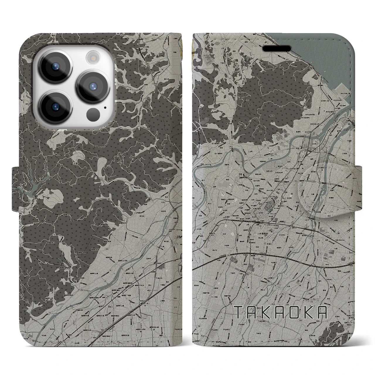 【高岡(富山県)】地図柄iPhoneケース(手帳タイプ)モノトーン・iPhone 14 Pro 用