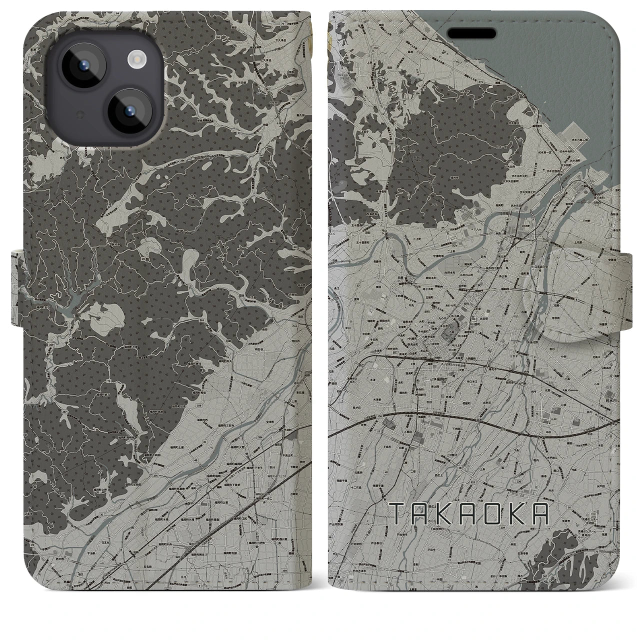 【高岡(富山県)】地図柄iPhoneケース(手帳タイプ)モノトーン・iPhone 14 Plus 用