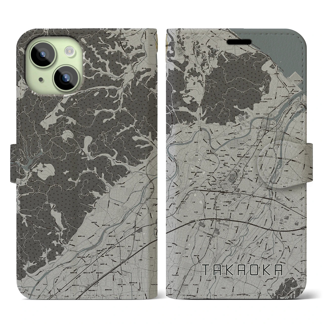 【高岡(富山県)】地図柄iPhoneケース(手帳タイプ)モノトーン・iPhone 15 用