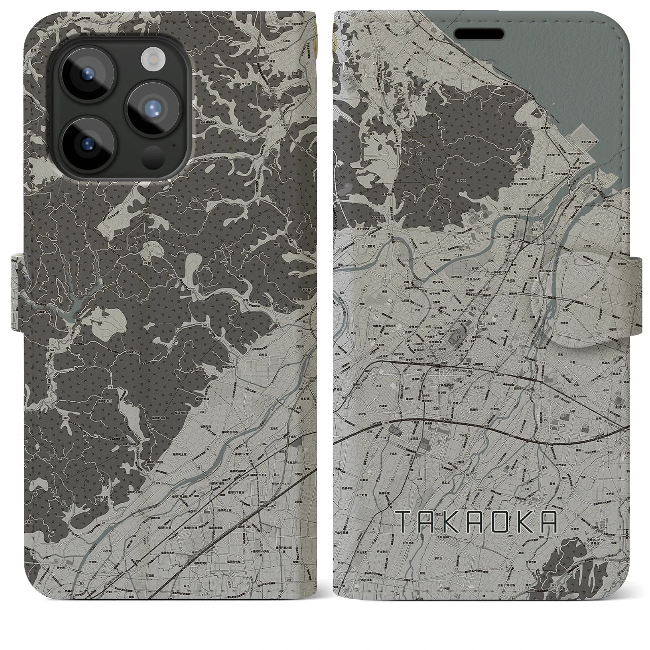 【高岡(富山県)】地図柄iPhoneケース(手帳タイプ)モノトーン・iPhone 15 Pro Max 用