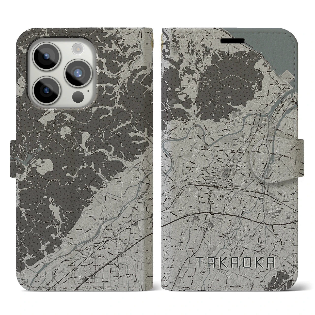 【高岡(富山県)】地図柄iPhoneケース(手帳タイプ)モノトーン・iPhone 15 Pro 用