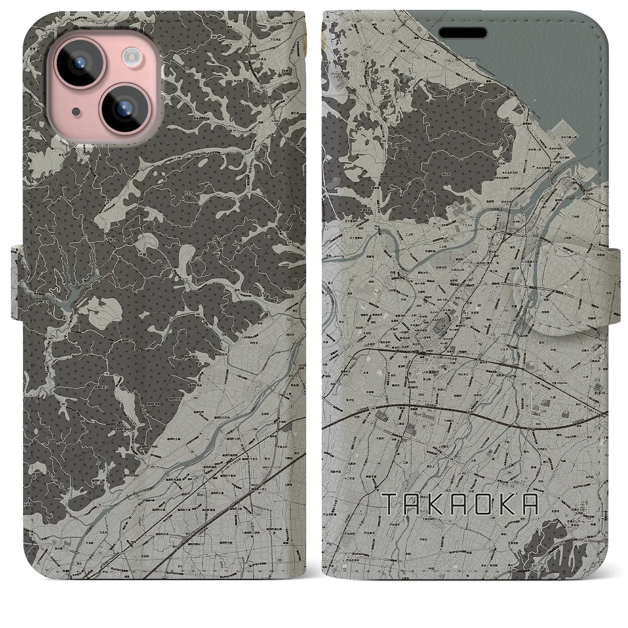 【高岡(富山県)】地図柄iPhoneケース(手帳タイプ)モノトーン・iPhone 15 Plus 用