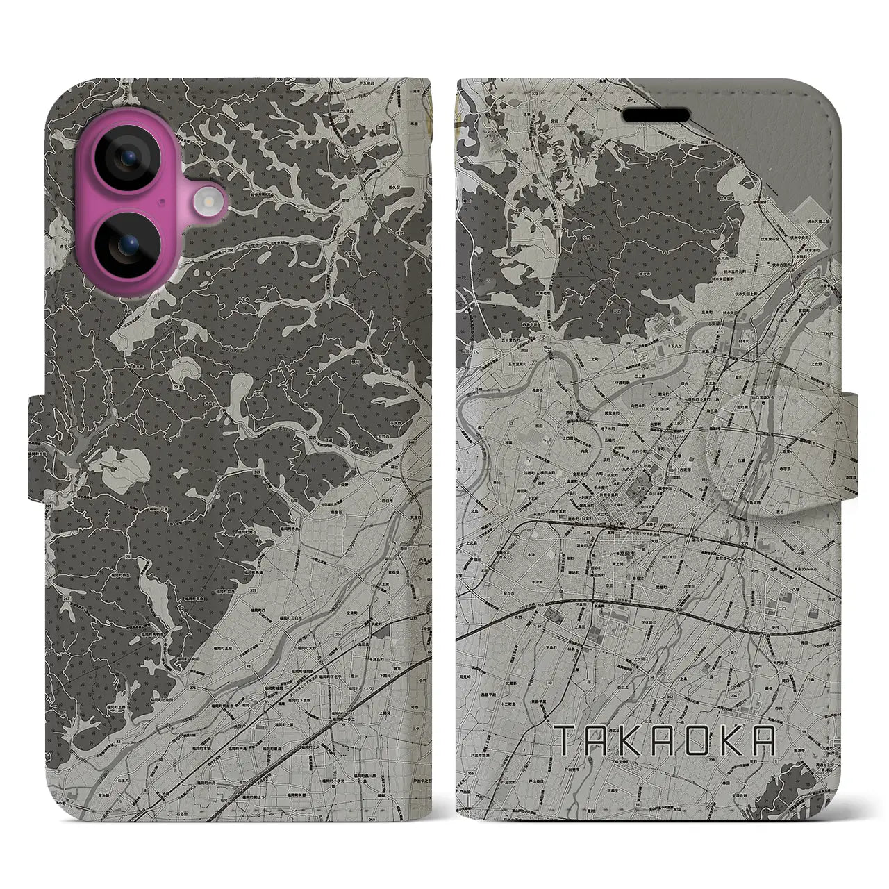 【高岡(富山県)】地図柄iPhoneケース(手帳タイプ)モノトーン・iPhone 16 Pro 用