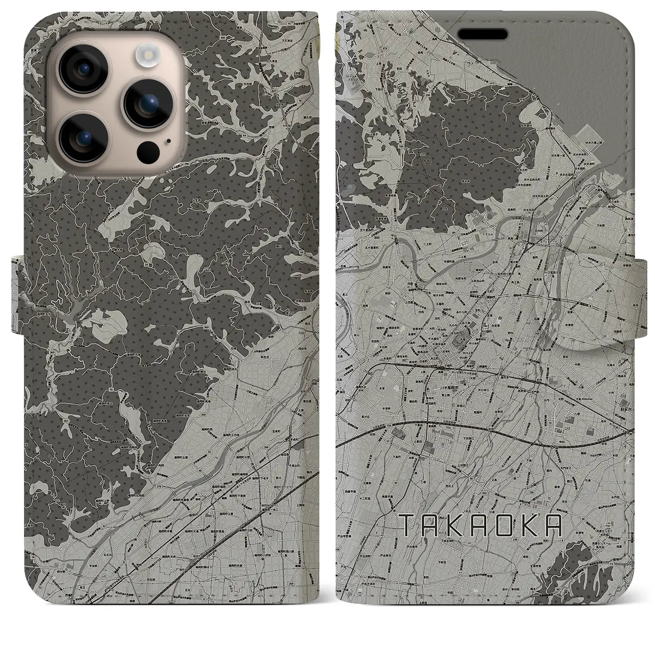 【高岡(富山県)】地図柄iPhoneケース(手帳タイプ)モノトーン・iPhone 16 Plus 用