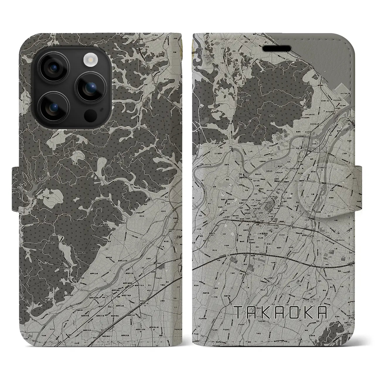 【高岡(富山県)】地図柄iPhoneケース(手帳タイプ)モノトーン・iPhone 16 用