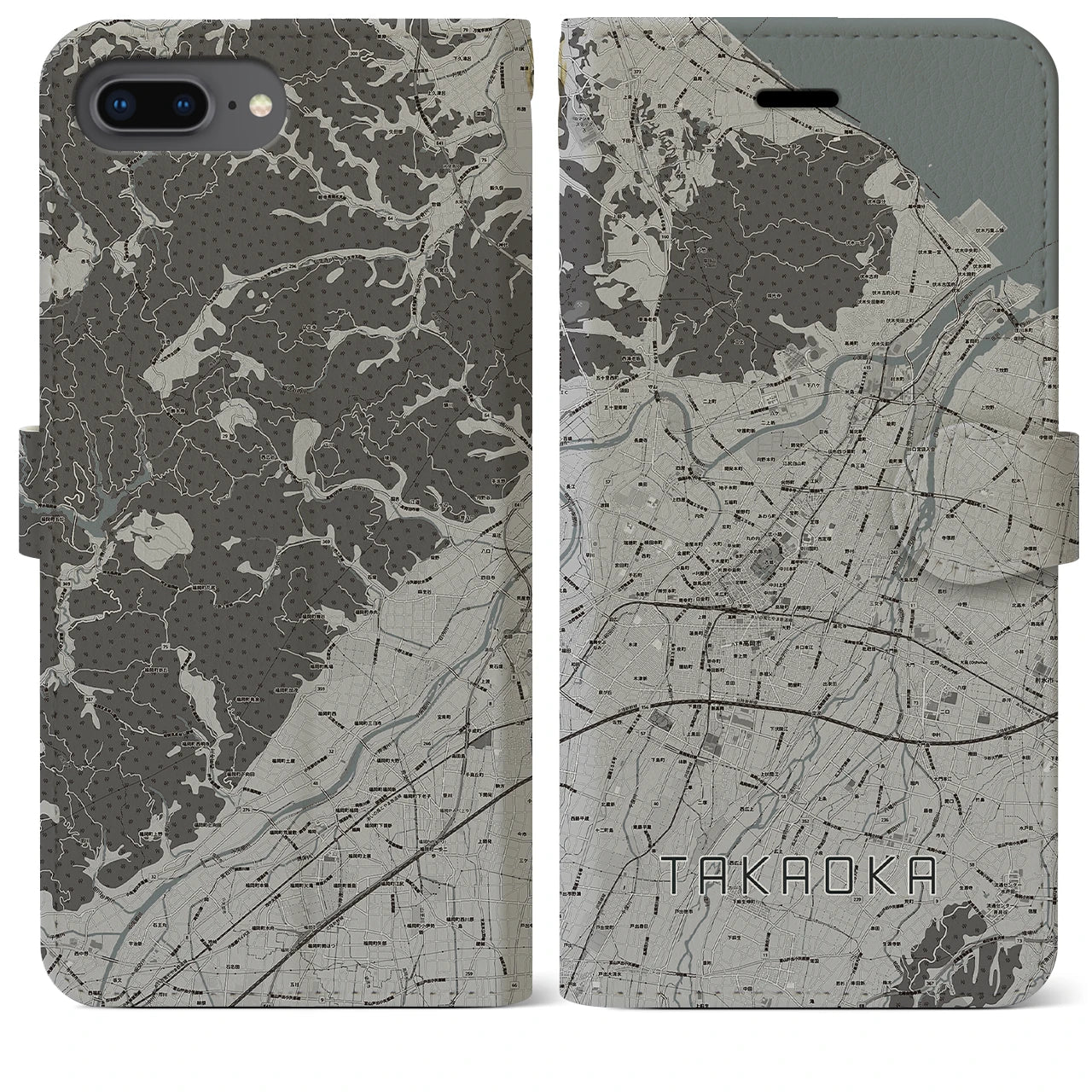 【高岡(富山県)】地図柄iPhoneケース(手帳タイプ)モノトーン・iPhone 8Plus /7Plus / 6sPlus / 6Plus 用