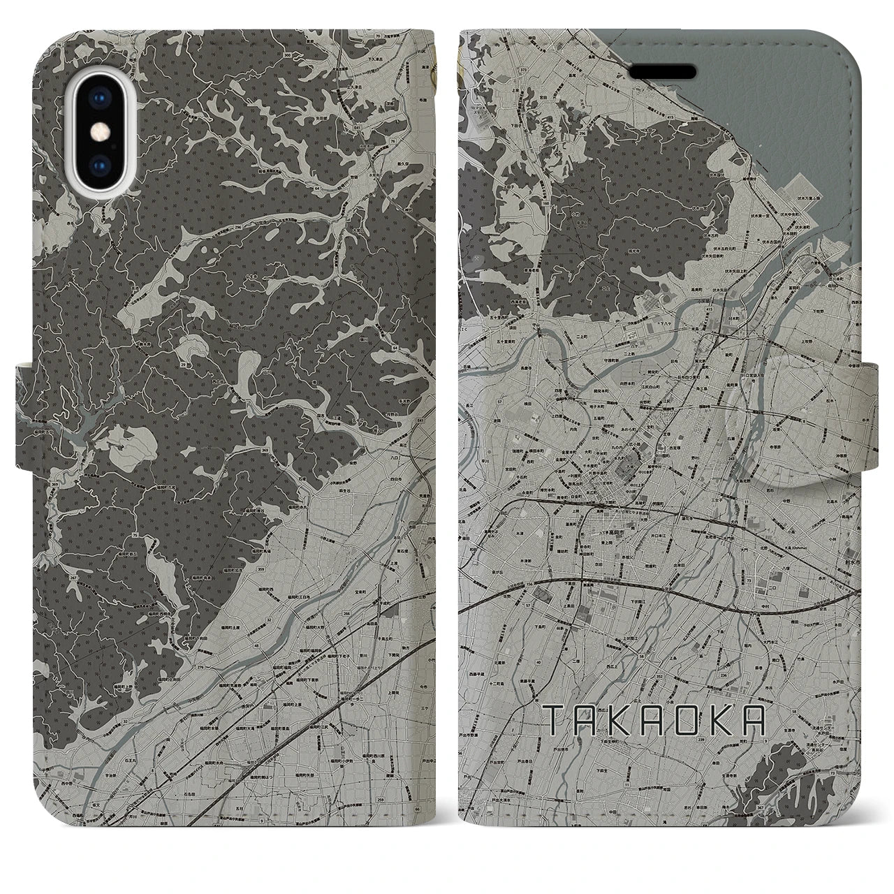 【高岡(富山県)】地図柄iPhoneケース(手帳タイプ)モノトーン・iPhone XS Max 用