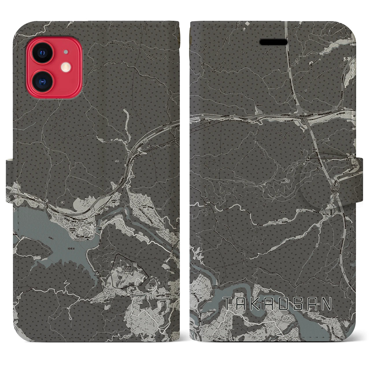 【高尾山(東京都)】地図柄iPhoneケース(手帳タイプ)モノトーン・iPhone 11 用
