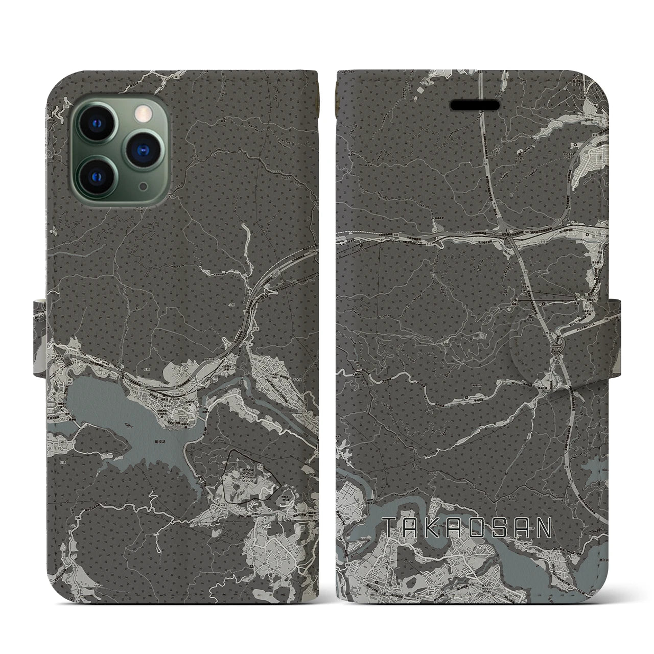 【高尾山(東京都)】地図柄iPhoneケース(手帳タイプ)モノトーン・iPhone 11 Pro 用