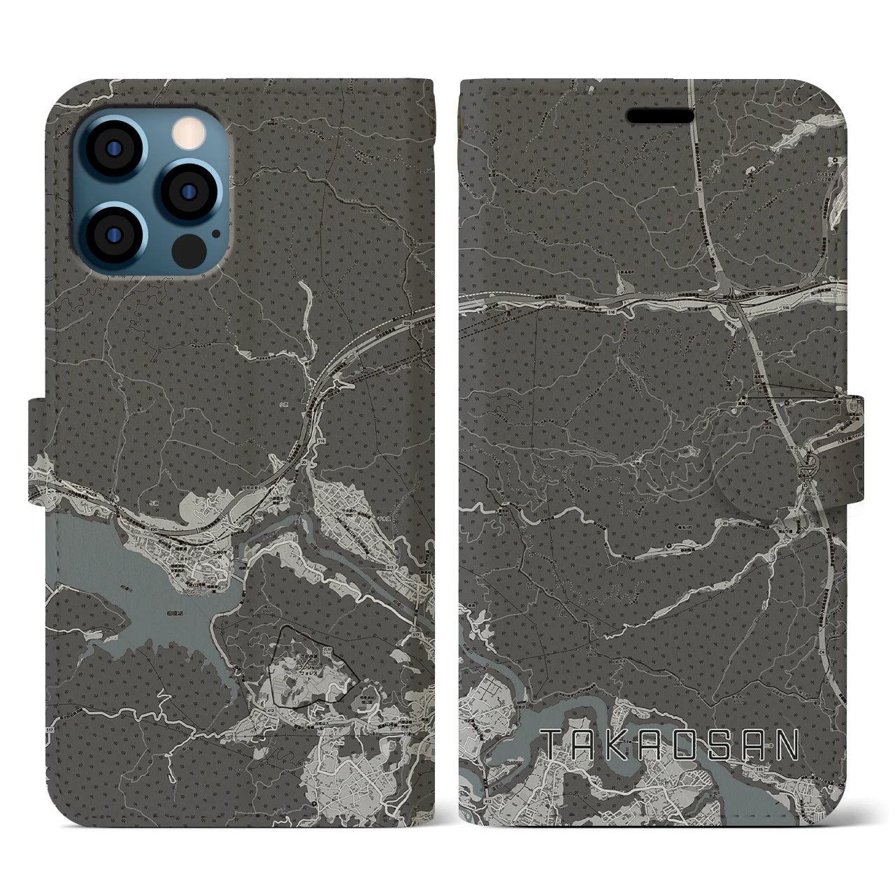 【高尾山(東京都)】地図柄iPhoneケース(手帳タイプ)モノトーン・iPhone 12 / 12 Pro 用