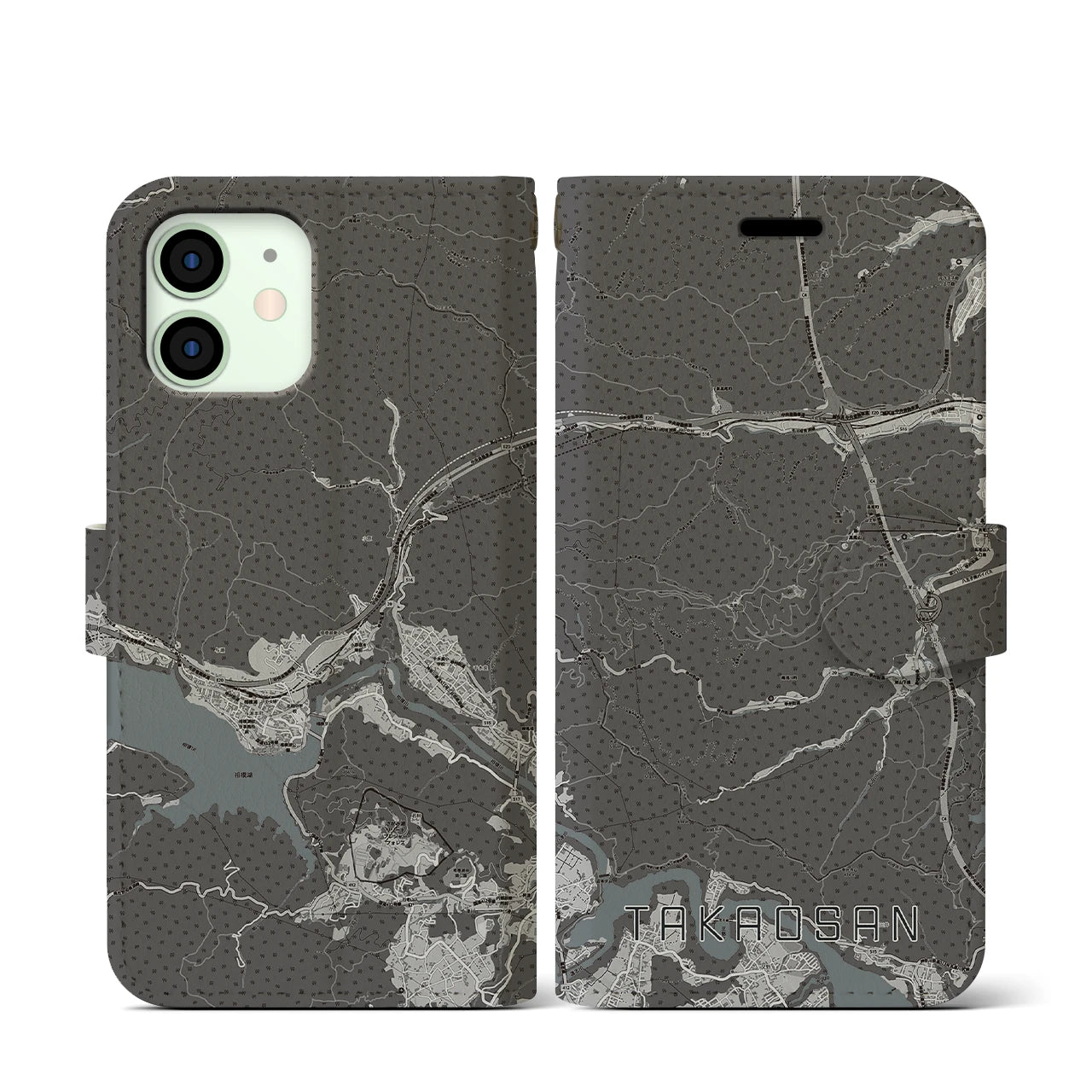 【高尾山(東京都)】地図柄iPhoneケース(手帳タイプ)モノトーン・iPhone 12 mini 用