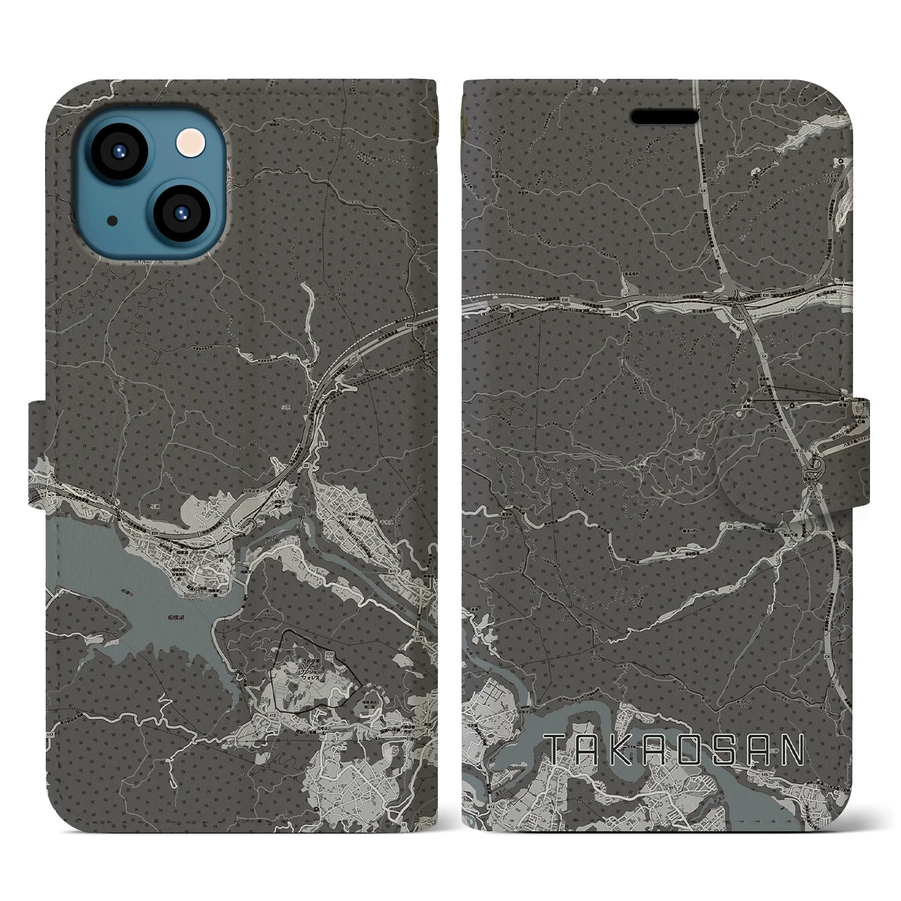 【高尾山(東京都)】地図柄iPhoneケース(手帳タイプ)モノトーン・iPhone 13 用