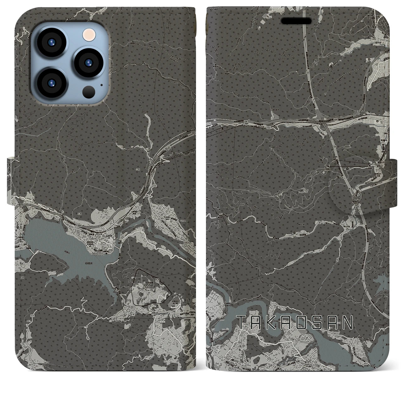 【高尾山(東京都)】地図柄iPhoneケース(手帳タイプ)モノトーン・iPhone 13 Pro Max 用