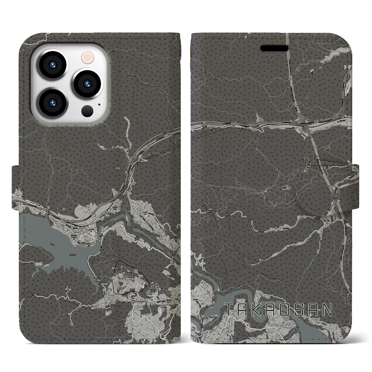 【高尾山(東京都)】地図柄iPhoneケース(手帳タイプ)モノトーン・iPhone 13 Pro 用
