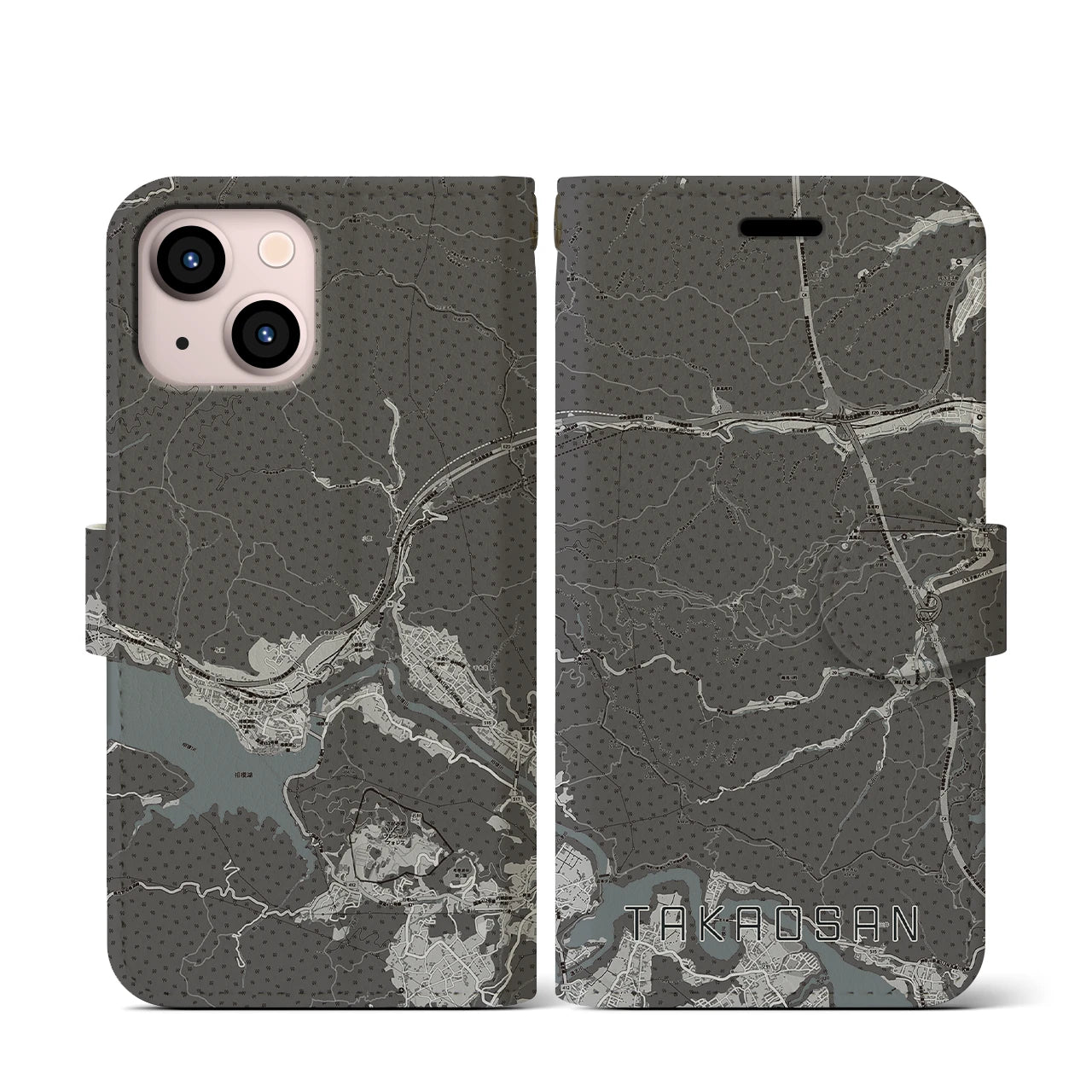 【高尾山(東京都)】地図柄iPhoneケース(手帳タイプ)モノトーン・iPhone 13 mini 用