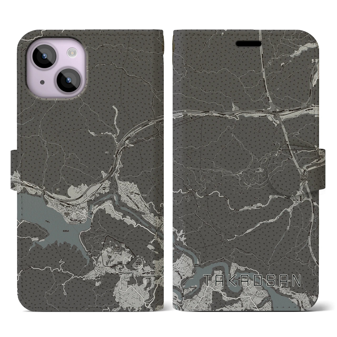 【高尾山(東京都)】地図柄iPhoneケース(手帳タイプ)モノトーン・iPhone 14 用