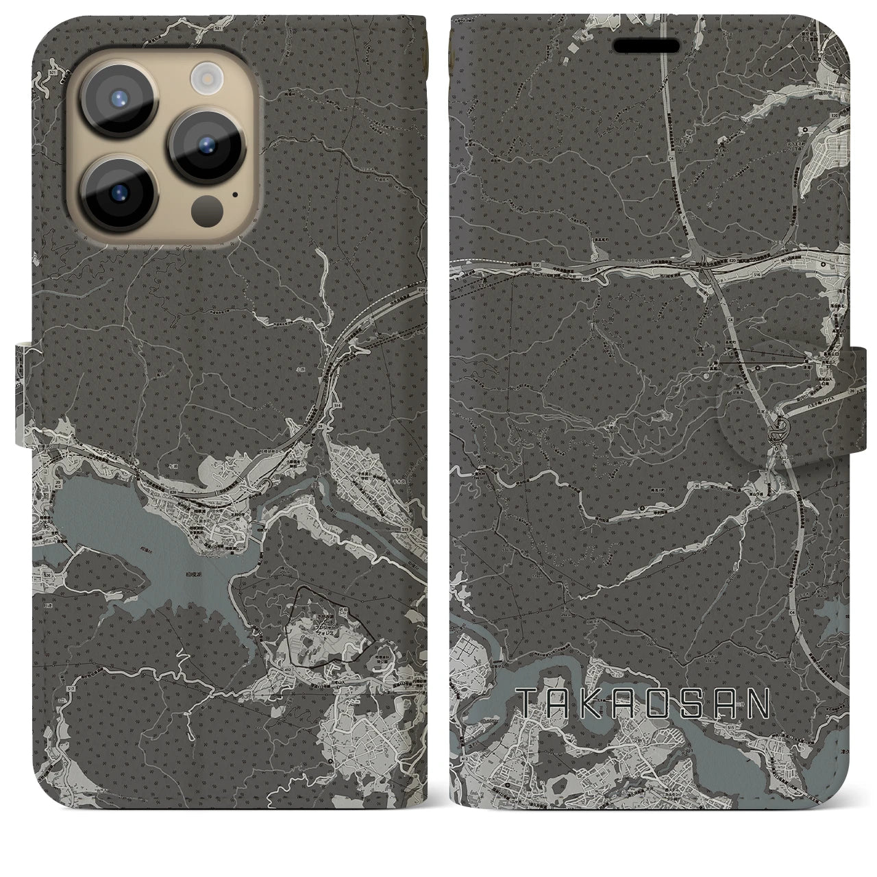【高尾山(東京都)】地図柄iPhoneケース(手帳タイプ)モノトーン・iPhone 14 Pro Max 用