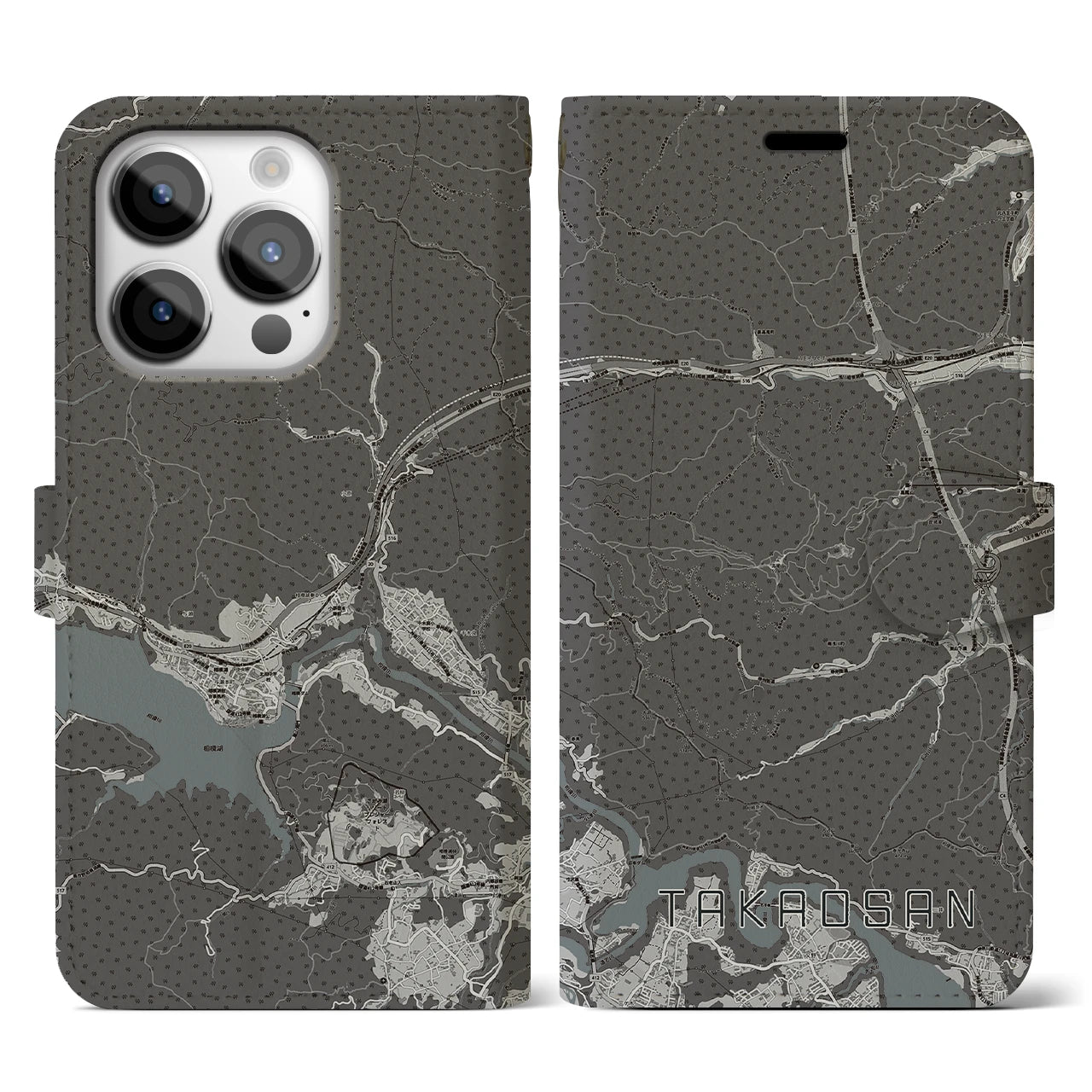 【高尾山(東京都)】地図柄iPhoneケース(手帳タイプ)モノトーン・iPhone 14 Pro 用