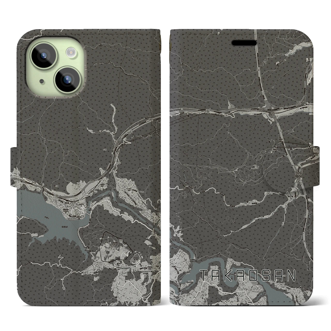 【高尾山(東京都)】地図柄iPhoneケース(手帳タイプ)モノトーン・iPhone 15 用