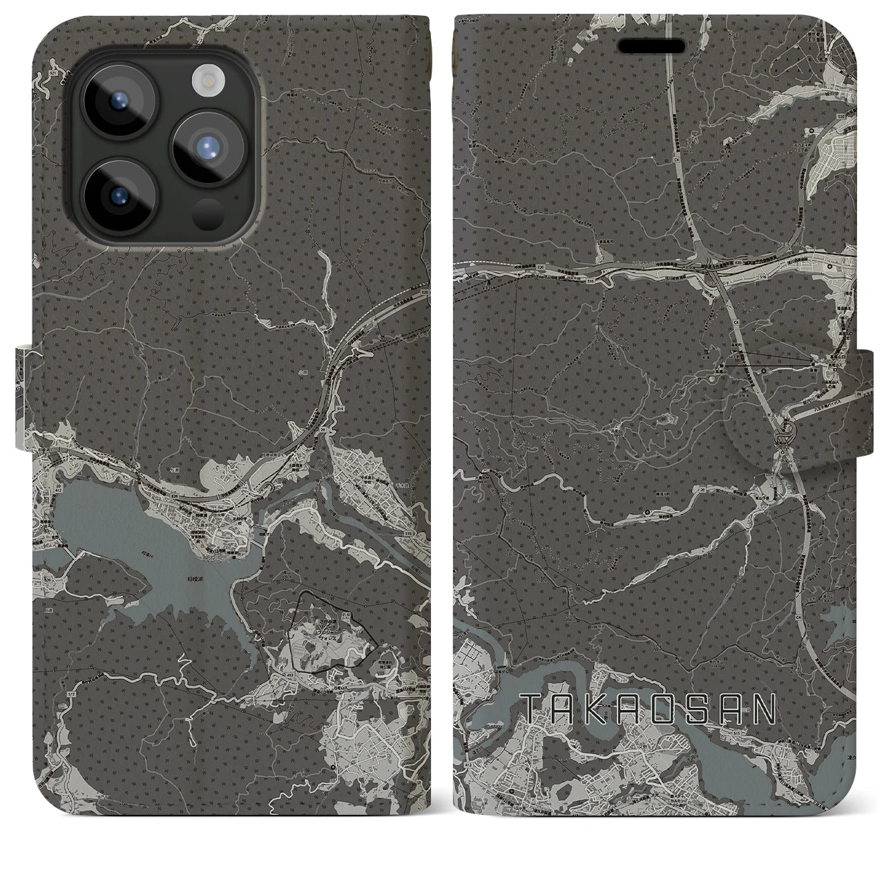 【高尾山(東京都)】地図柄iPhoneケース(手帳タイプ)モノトーン・iPhone 15 Pro Max 用
