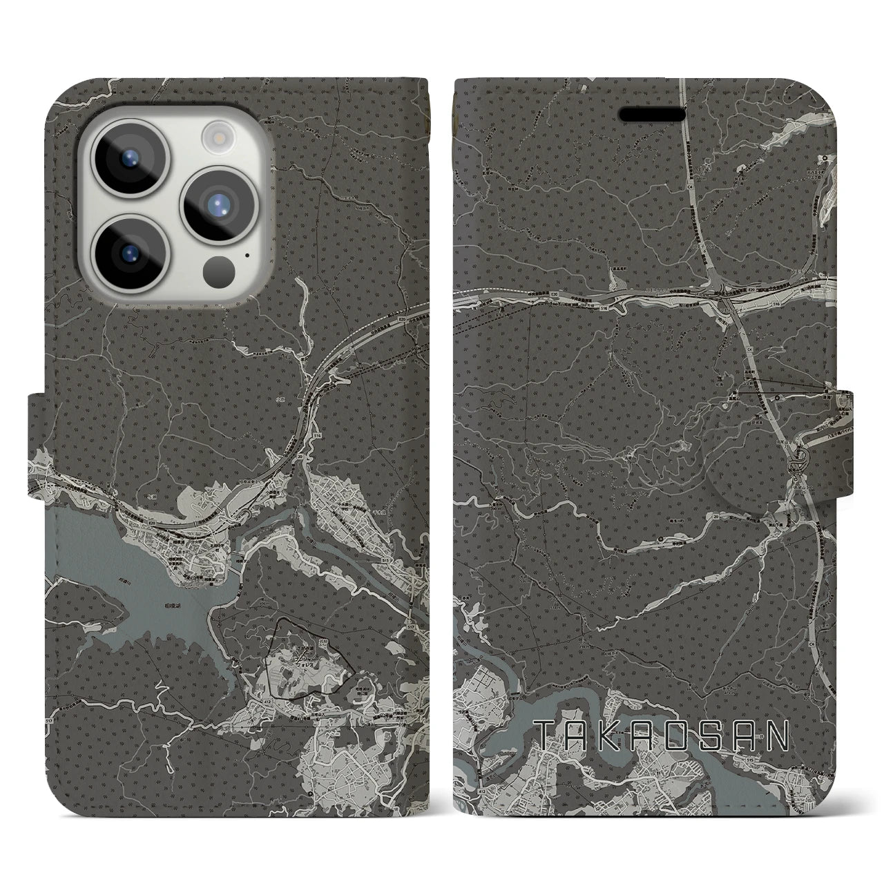 【高尾山(東京都)】地図柄iPhoneケース(手帳タイプ)モノトーン・iPhone 15 Pro 用