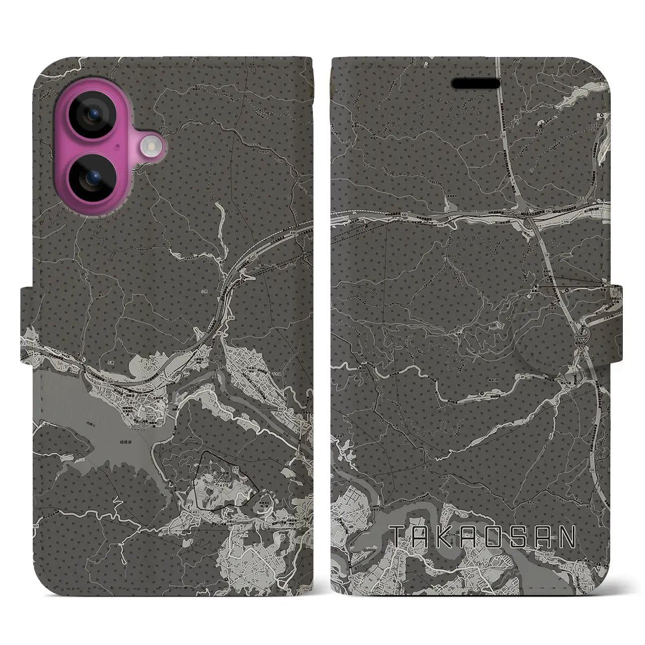 【高尾山(東京都)】地図柄iPhoneケース(手帳タイプ)モノトーン・iPhone 16 Pro 用