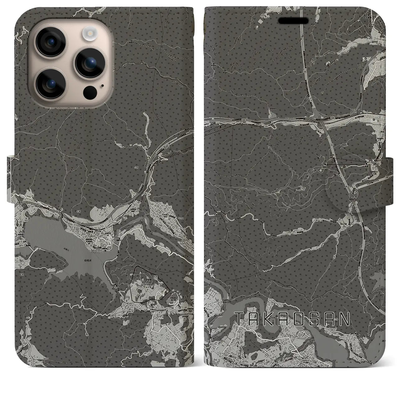 【高尾山(東京都)】地図柄iPhoneケース(手帳タイプ)モノトーン・iPhone 16 Plus 用