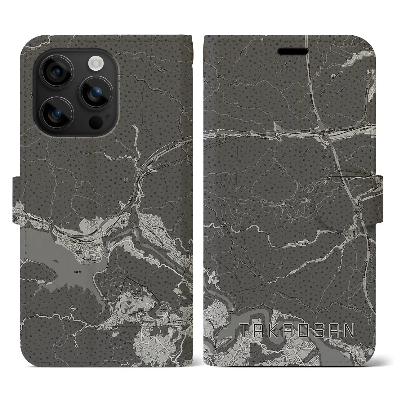 【高尾山(東京都)】地図柄iPhoneケース(手帳タイプ)モノトーン・iPhone 16 用